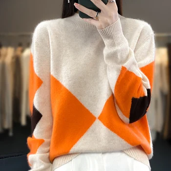 Есента Нов Пуловер с висока яка, Дамски пуловер от 100% чиста вълна, вязаный, с дълъг ръкав, Свободен Дизайн, вълнен пуловер