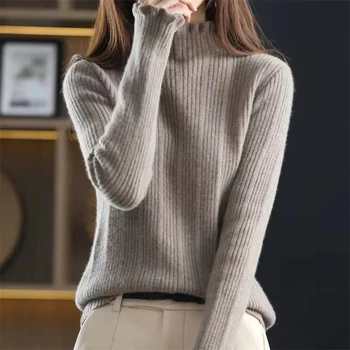 Жена Пуловер-пуловер 2023, Новостите на Есен-Зима, Корейски Свободен Трико с дълъг ръкав и Полувысоким яка, Всекидневни пуловер с Дъното, Жена