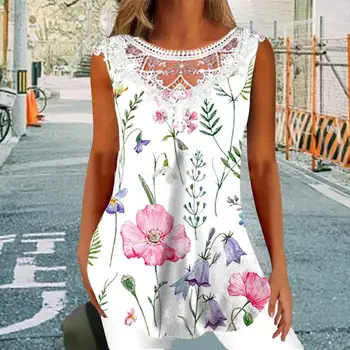 Жена Хлопчатобумажный топ с флорални принтом, Лейси Дамска блуза без ръкави, Дишаща риза свободно намаляване с кръгло деколте на лятото
