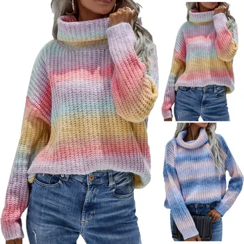 Жена пуловер с висока воротом и дълъг ръкав, вязаный дъгата пуловер, Модни Свободни топове, свитшоты мичмана за мъже