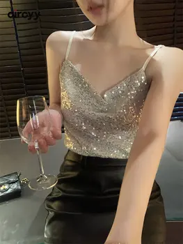 Жена съкратен топ Circyy с V-образно деколте, пайети, без ръкави, блестящ Спагети-колан, Y2k, прилепнали блузи с отворен гръб, Дизайнерски лятна мода 2023