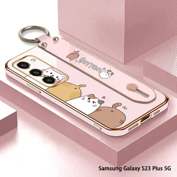 За Samsung S23 FE Калъф За Galaxy S9 Plus 5G S22 Ultra S21 S20 С Тапицирана Квадратна Ръба и Сладък Модел на Котка, която обхвана Гривната На Задния панел