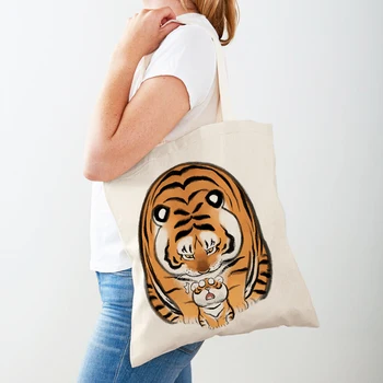 Забавни дамски чанти, за пазаруване с дебел тигър, Сладки мультяшные животни, платно с принтом, Сгъваема чанта за пазаруване, тъканно дамска чанта-тоут на рамото
