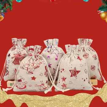 Здрава празнична чанта, ярки пакети за коледни подаръци в селски стил, 24 многократно памучни ленено набиране с завязками от зебло топъл печат за празника