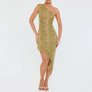 Зелена рокля Миди с волани, Дамско Елегантно Секси Сетчатое дебнещ рокля с едно рамо, без ръкави, Клуб, вечерна рокля 2023, Лято