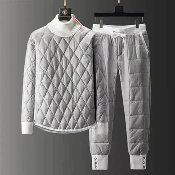 Зимен пуловер с висока воротом, naka памучен яке, Дамски панталон с памучна подплата, Есенни нови дамски ежедневни обикновена панталони, комплект от две части