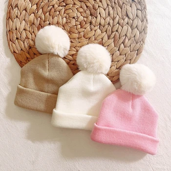 Зимна вязаная детска шапчица, топли шапки за момчета и момичета, детски шапки за най-малките с да използвате единични pom-помераните за срок от 6 месеца до 2 години