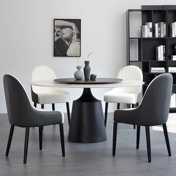 Италиански минималистичен кръгла маса за хранене от светъл луксозна каменна плоча с превръщането маса, модерна минималистичная домашна трапезария висок клас