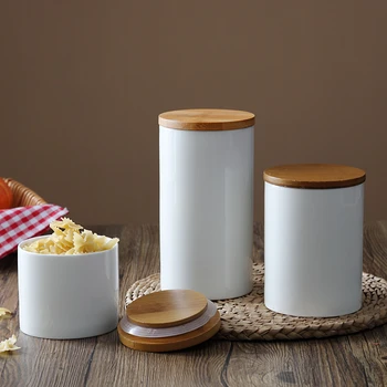 Керамични запечатани банка в японски стил с бамбук капак за съхранение, кухненски храна, чай, кафе и различни зърнени култури