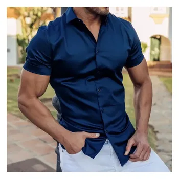 Класическа ярка риза с къс ръкав за мъже, на официална бизнес офис риза с къс ръкав за мъже, висококачествени класическа базова тениска за мъже