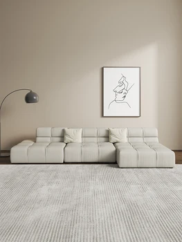 Кожен диван в кремовом стил, модерна минималистичная всекидневна, италиански минималистичен кът, благородна комбинация от консорта, без подлакътник