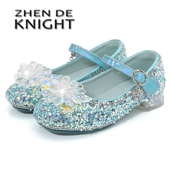 Кожени обувки на висок ток за момичета 2023, Нова пролетна мода, пайети, Кристални обувки на Принцесата за малки момичета, Детски ежедневни обувки