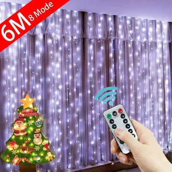 Коледен завеса Венец Led светлини Ред USB, дистанционно управление с Приказни светлини Сватбена празнична украса за спални и Дома на открито