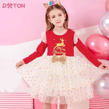 Коледни Коледни подаръци рокли с принтом Лосове за момичета DXTON, Детски Мрежести рокли Принцеса в грах с лък, Детско червена рокля