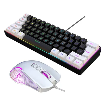 Комплект компютърна клавиатура и мишка HXSJ V700BW + X100 USB с кабелен RGB подсветка на 61 клавиша + Детска мишка с led подсветка ниво 4 DPI