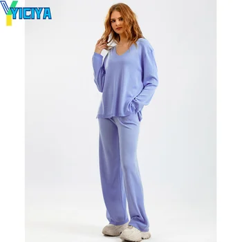 Комплект панталон YICIYA, трикотажни комплекти от две части за жени, елегантни дамски комплекти за улицата, пуловер с v-образно деколте и панталон с висока талия, комплект от две части