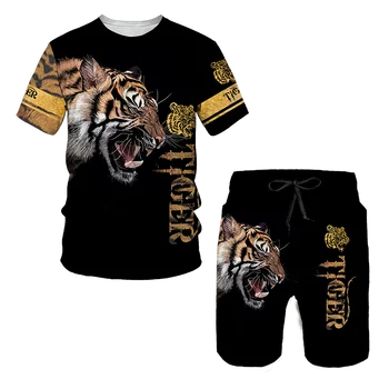 Комплекти за женските и мъжките тениски с 3D принтом тигър, модерен мъжки спортен костюм с лъв, Потници, Шорти, Летен мъжки костюм, за спорт и отдих @XG