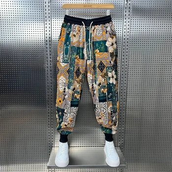 Корейската модерен мъжки дрехи, Летни Панталони Ice Silk Tide Harlan, универсални Реколта панталони с цветен модел, Ежедневни панталони, Градинска облекло