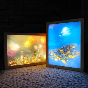 Креативна настолна лампа, Стенно изкуство, 3D лека нощ, Нощно шкафче за дома, декоративна дървена рамка, led настолна лампа за рязане на хартия, подаръци