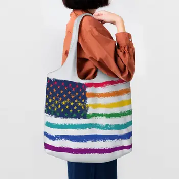 ЛГБТ Гей Гордост Дъгата Американски Флаг Хранителни стоки Торби За Пазаруване С Принтом, Холщовая Чанта-Тоут На Рамото, по-Голямата Голям Здрава Чанта