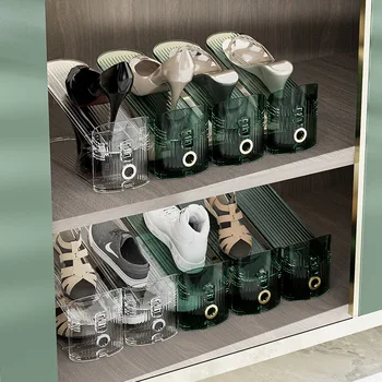 Лесен Луксозен Рафтове за съхранение на обувки, двуслойни Интегриран Регулируем домакински пластмасови рафтове за съхранение на обувки, органайзер за съхранение на подпори