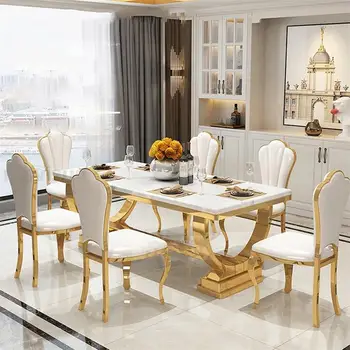 Лесен Луксозна Кухненска маса с мраморен правоъгълник, устойчива позлатена рамка от неръждаема стомана, маса за Хранене и столове в комбинация