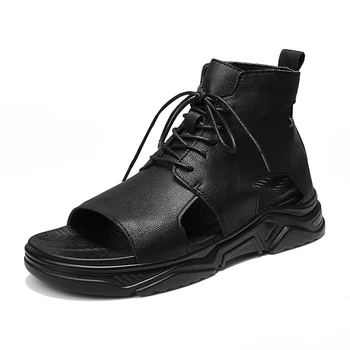 Летни гладиаторски сандали за мъже, черни, бели кожени сандали, мъжки Модни римски сандали с висок берцем, мъжки плажни обувки дантела