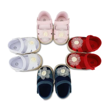 Летни сандали за новородени момичета с хубави флорална декорация, скъпа ежедневни меки обувки за бебета, първите проходилки, на равна подметка, 4 цвята