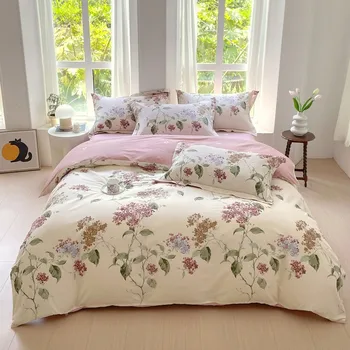 Луксозен Пухени в градински стил с ботаническата цветен модел, Чаршаф, 2 калъфки за възглавници Twin Queen, Мек комплект спално бельо от 100% памук, с цветен модел за момичета