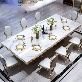 Луксозна маса от бял мрамор и комбиниран стол Правоъгълни кухненски плотове италиански тип, голяма лаконичная модерни мебели