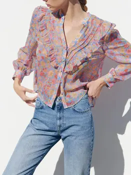 Лятна Дамска свободна риза с V-образно деколте и накъдрен, ежедневни риза с дълги ръкави и принтом