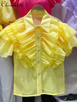Лятна Новост 2023, Корейската модерен дизайнерски Однобортная блуза с ревери, с къдри, Свободна прозрачна риза, дамски топ