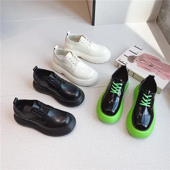 Малки кожени обувки Женски 2023, Лятна новост, Британски стил, Гъвкави тънки обувки, Ежедневни обувки Matsutake на дебела подметка