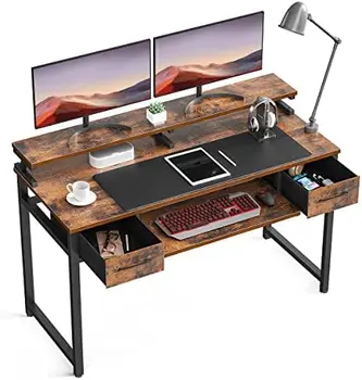 Маса с поставка за клавиатура и чекмеджета, Офис маса, 55 см с място за съхранение, бюро с рафт за монитор, Работно бюро за работна станция