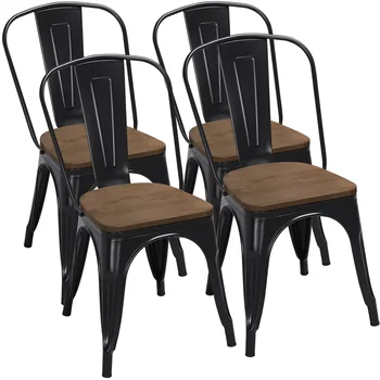 Метални сгъваеми трапезни столове с дървена седалка, пакет от 4,