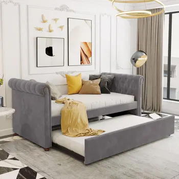 Минималистичная и модерна двухразмерная диван с мека тапицерия, с чекмедже, с дървена лента, подходящ за спални, сив