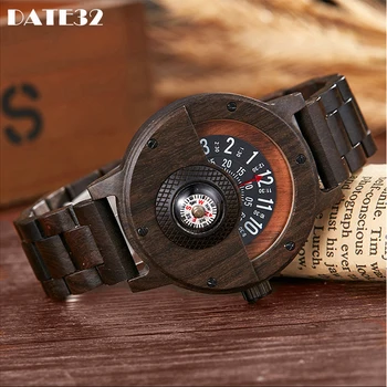 Многофункционални дървени ръчни часовници за мъже, Кварцов часовник, Творчески Компас, мъжки часовник, с каишка от черно орехово дърво, калъф Reloj