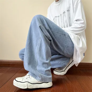 Модерен американски стил Хай стрийт пънк мъжки дънки на марката свободни широк крак дънкови панталони корейската мода, хип-хоп твърди панталони Мъжки