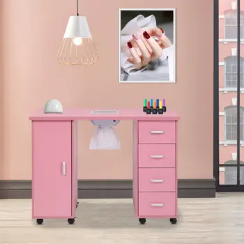 Модерен елегантен Професионален Маникюр, маса за Нокти Desk Шкаф за салон за красота с колектор на прах с 4 чекмеджета, устойчив и издръжлив на употреба, розово