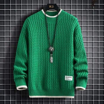 Модерен пуловер, мъжки вязаный пуловер райе с кръгло деколте, зимни пуловери
