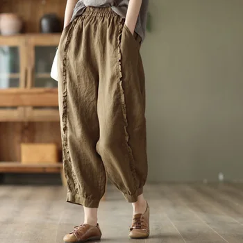 Модни Свободни Еластични джобове с висока талия, Гофрирани панталони с волани, Дамски есенни разнообразни ежедневни капри 2023