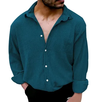 Мъжки Ежедневни риза, Есенна однотонная риза с ревера и бутони, Риза с дълъг ръкав, Есен-пролет, мъжки облекла в стил Харадзюку Оверсайз