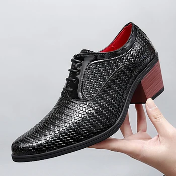 Мъжки Кожени обувки дантела, които растежа, Дизайнерски ежедневни Oxfords с остри пръсти, бизнес офис модела обувки за мъже