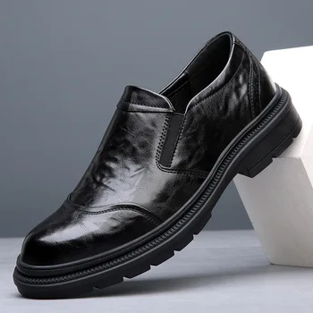 Мъжки модельная обувки от дишаща естествена кожа, Гъвкави Бизнес и Ежедневни мъжки обувки, модни Sapatos Masculinos с кръгло бомбе на дебела подметка