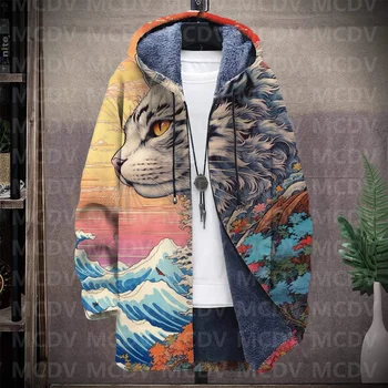 Мъжки плътен плюшевое палто с дълги ръкави и принтом в ретро стил, жилетка с изображение на Котка, флисовое палто с качулка и 3D принтом, дебела топло яке Унисекс