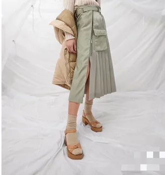 Нов дизайн, Дамски модни лоскутная плиссированная пола Трапецовидна форма, с висока талия, на тънка пола с колан, ежедневна пола миди Хай стрийт Дама