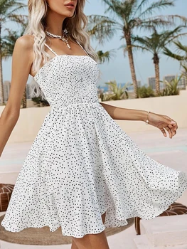 Нова рокля с флорални намаляване на подтяжках, тънка рокля без ръкави в плажен стил, рокля на спагети презрамки, дамски дрехи, мини-рокля, лято 2023