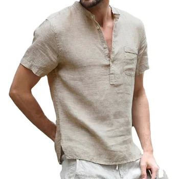 Нови летни памучни и ленени тъкани, ежедневна мода дишаща универсална тънка мъжка тениска с високо качество, с къси ръкави