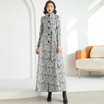 Ново дамско дълго палто, вълнена, есен-зима, модерен яка стойка, колан, Тънки върхове от смесовой вълна повишена дължина, сиво топло палто