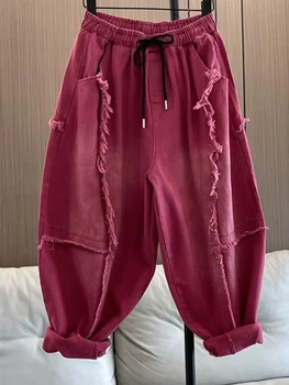 Новост Есента 2023, Нови Персонализирани Скъсани ежедневни дънкови панталони с дължина до щиколоток, Женски Свободни зреещи директно на цвят, с еластична гумена лента на талията